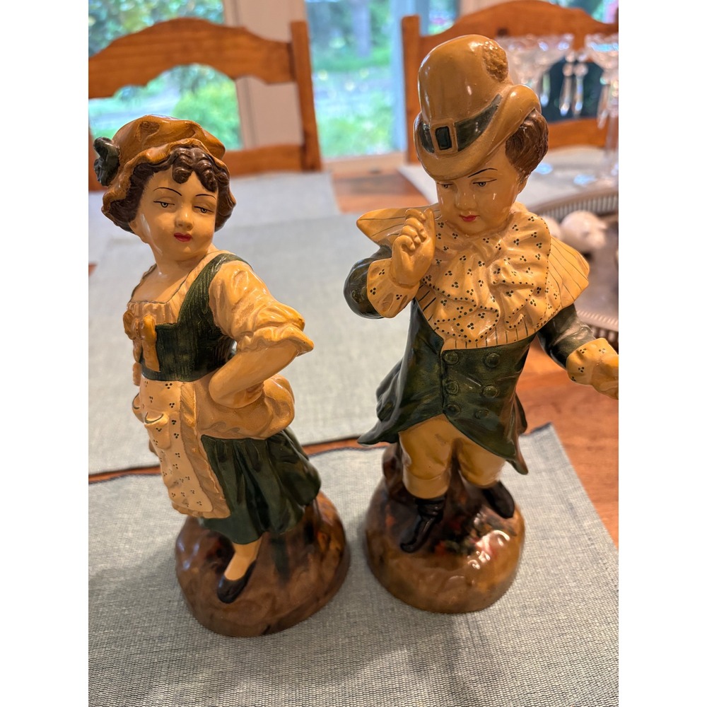 Vintage Borghese Chalkware Figurines Boy & Girl Pair Hand Painted Plaster Decor